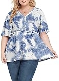 POSESHE Women’s Plus Size Tie Dye Tunic Tops Summer V Neck Henley Shirt Short Sleeve T Shirts(Blue Tie-dye,L)