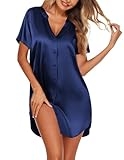 Ekouaer Women’s Satin Silky Nightgown Loose Sleepwear Button Down Nursing Nightshirt Short Sleeve Sleep Dress Navy Blue