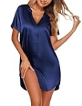Ekouaer Women’s Satin Silky Nightgown Loose Sleepwear Button Down Nursing Nightshirt Short Sleeve Sleep Dress Navy Blue