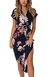 ECOWISH Womens Dresses Summer Casual V-Neck Floral Print Geometric Pattern Belted Dress Black Medium @ $15.00