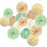 Sage Green-Boho Party-Decorations Paper-Flowers Lanterns – 15PCS Safari Rustic Neutral Baby Shower Tissue Pom Poms Streamers, Champagne Gold Birthday Wedding Graduation Hanging Supplies Decor Hugfond @ $10.04