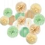 Sage Green-Boho Party-Decorations Paper-Flowers Lanterns – 15PCS Safari Rustic Neutral Baby Shower Tissue Pom Poms Streamers, Champagne Gold Birthday Wedding Graduation Hanging Supplies Decor Hugfond @ $10.04