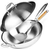 Willow & Everett Wok Pan – Non-Stick Stainless Steel Stir Fry Pans With Domed Lid & Bamboo Spatula – Scratch Proof Cookware For Gas @ $21.63