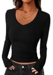 PRETTYGARDEN Womens Long Sleeve T Shirts 2025 Fall Trendy Deep V Neck Slim Fit Basic Crop Tops Casual Going Out Top (Black,Small)