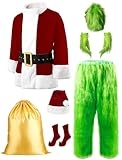 dgdgcool Halloween Costumes Adult, 8pcs Furry Green Santa Costume Men Christmas Cosplay Santa Claus Costume For Men (Red, M) @ $34.79