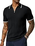 Men’s Black Polo Shirts Vinatge Texture Knitting Shirts Retro Short Sleeve Breathable Quarter Zip Golf Shirts Tops S @ $21.59