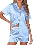 Ekouaer Womens Silk Satin Pajamas Set 2 Piece Pjs Short Sleeve Sleepwear Button Down Top and Shorts Loungewear Clear Blue XXL