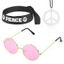 Beelittle Hippie Costume Set – 60’s Style Circle Glasses Peace Sign Necklace Hippie Headband 60s Party Accessory Kit (B) @ $3.63