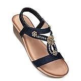 SHIBEVER Darkblue Wedge Sandals for Women Dressy Summer Comfortable Rhinestone Sandals Open Toe Ankle Strap Sandals Darkblue Low Heel Size 8 @ $16.79
