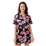 Winthome Womens Satin Pajamas Set Sleepwear Short Sleeve Button Shirt and Shorts 2 Piece Silky Loungewear PJ Sets (L, BLACK LIPSTICKS) @ $9.99