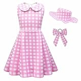 Pink Checkered Dress for Girls: Vintage 1950s Pink Princess Dresses Girls with Hat Bow Pink Gingham Dress Up Halloween Costumes Kids Toddler Cosplay Birthday Outfit Party Pink Plaid Collar 4-5T @ $12.99