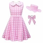 Pink Checkered Dress for Girls: Vintage 1950s Pink Princess Dresses Girls with Hat Bow Pink Gingham Dress Up Halloween Costumes Kids Toddler Cosplay Birthday Outfit Party Pink Plaid Collar 4-5T @ $12.99