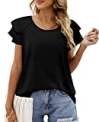 OFEEFAN Ruffle Sleeve Tshirts for Women Summer Round Neck Tops Curved Hem Casual Black S @ $23.99