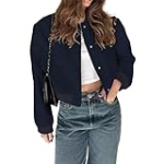imbpceu Women Office Bomber Jacket Long Sleeve Crop Jackets Front Button Down Stand Collar Short Coat Navy Blue L @ $15.00
