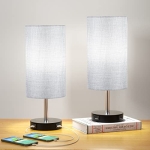 Touch Table Lamp Set of 2 for Bedroom, Bedside Lamp with USB Ports Fully Stepless Dimmable, Small Lamps for Nightstand, for Livingroom, Kids Room, w Silver Fabric Shade & Wood Base (LED Bulb Included)