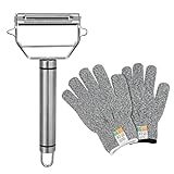 RIUIOUGA Stainless Steel Double Sided Vegetable Peeler with Cut Resistant Gloves – Multifunctional Carrot Shredder Fruit Peeler, Portable Kitchen Peeler for Shredding, Peeling and Slitting @ $3.49