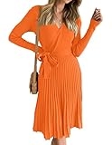 ZESICA Women’s 2024 Fall Long Sleeve Wrap V Neck Ribbed Knit Pleated A Line Pullover Sweater Dress with Belt,Orange,Small @ $14.39