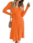 ZESICA Women’s 2024 Fall Long Sleeve Wrap V Neck Ribbed Knit Pleated A Line Pullover Sweater Dress with Belt,Orange,Small @ $14.39