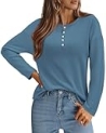 KIRUNDO Oversized Waffle Knit Tops for Women 2025 Fall Long Sleeve Henley Shirts Casual Blouse Deco Button Fashion Clothing(Grey Blue, XX-Large)