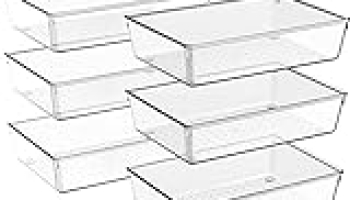 Criusia Drawer Organizer, 6 Pack Clear Plastic Drawer Organizer Bins, Versatile Organization and Storage Trays for Vanity Makeup, Bathroom, Kitchen Utensils @ $13.99