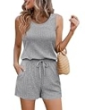Ekouaer Rompers for Women Summer 2025 Casual Sleeveless Scoop Neck Tank Top Ribbed Short Jumpsuits Romper with Pockets Light Grey XL
