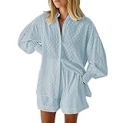 Ceuplon 2 Piece Sets for Women Casual Tracksuit Outfit Long Sleeve Button Down Shirt and Elastic High Waisted Shorts Sets Light Blue M @ $28.81