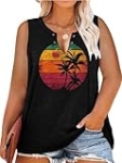 Summer Vacation Plus Size Tshirts for Women Ring Hole Sleeveless Sexy V-Neck Coconut Tree Beach Graphic Tank Top Blouse @ $8.04