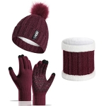Yvechus Lady Winter Warm Pom Knit Beanie Hat Scarf Gloves Set Touch Screen Slouchy Thick Fleece Lined 3 in 1 Set (Xmas Wine Red) @ $10.49