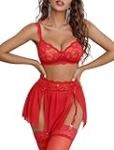 Avidlove Garter Lingerie Set for Women with 3 Piece Lace Bra and Skirt Lingerie Set