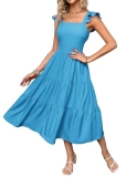 Kate Kasin 2024 Women’s Summer Cute Dress Ruffle Strap Sleeveless Square Neck Smocked Back A Line Tiered Swing Maxi Dress Vacation Beachwear Sky Blue S @ $14.82