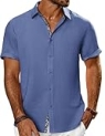PJ PAUL JONES Mens Beach Shirts Linen Textured Shirts for Men Casual Hawaiian Vacation Clothing Denim Blue