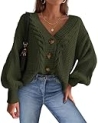dowerme Cardigan Sweaters for Women Fall Fashion 2025 V Neck Long Sleeve Chunky Cable Knit Sweaters Button Loose Outwear(Army Green,XX-Large)