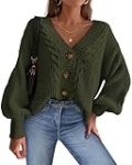 dowerme Cardigan Sweaters for Women Fall Fashion 2025 V Neck Long Sleeve Chunky Cable Knit Sweaters Button Loose Outwear(Army Green,XX-Large)