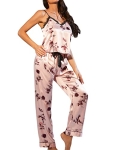 FAPPAREL Women’s Sexy Silk Satin Pajamas Sets Floral Print Lace Trim Cami Tops Pants Sleepwear Pj Sets Pink S @ $11.99