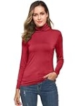 Turtleneck Top for Women Red Long Sleeve Basic Layer Slim Fit T-Shirt Comfy Lightweight Pullover XXL @ $9.99