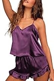 Ekouaer Satin Pajama Set for Women Silk Pjs for Women Set Camisole Top and Shorts with Ruffle Sleepwear Deep Purple