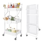 Amatic 3 Tier Foldable Metal Rolling Cart, Collapsible Rolling Storage Organizer with Wheels, Folding Laundry Utility Cart for Kitchen & Office, Include 3 Hanging Cups & 6 Hooks (White) @ $22.50