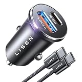 LISEN USB C Car Charger Fast Charging, Dual Port PD 65W Car Charger USB C Super Fast, Cigarette Lighter Adapter All Metal Fast Car Charger for iPhone 16 Pro Max 15 14 iPad Samsung Galaxy, Black