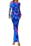 PRETTYGARDEN Women’s Long Sleeve Bodycon Dresses 2025 Fall Sexy Floral Mesh Slit Ruched Tight Maxi Wedding Guest Dress(Blue Pink Flower,XX-Large)