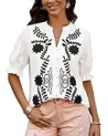 BTFBM Women’s 2025 Summer Tops Casual Floral Boho V Neck Puff Short Sleeve Button Down Shirts Embroidered Blouses Tunic(Floral White Black, XX-Large)