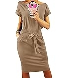 PRETTYGARDEN Women’s Summer Short Sleeve Crewneck Striped Dress Basic Solid Tie Waist Office T Shirt Dresses Pockets(Khaki,X-Large)
