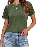 HOTOUCH Women’s Lace Tops Short Sleeve Scoop Neck Shirts Casual Loose Fit Pleated Summer Basic Business Work Tee Army Green