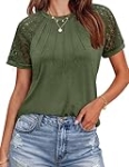 HOTOUCH Women’s Lace Tops Short Sleeve Scoop Neck Shirts Casual Loose Fit Pleated Summer Basic Business Work Tee Army Green