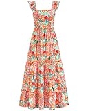 dowerme Summer Dresses for Women 2025 Casual Ruffle Smocked Tiered A-Line Boho Floral Maxi Beach Sun Dress with Pockets(Light Apricot Orange Flower,Large)