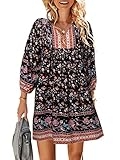 TEMOFON Women Boho Summer Dress: Casual Mini Floral 3/4 Long Sleeve V Neck Flowy Loose Beach Dresses Black M @ $6