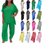 Women’s Cotton Linen Two Piece Outfits 2023 Summer Loose Fit 3/4 Sleeve Top and Cropped Pants Set Casual Tracksuit @ $31.65