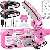 Mini Chainsaw 6-Inch Battery Powered – Pink Cordless Electric Handheld Chainsaw with 2 Rechargeable Batteries – 21V Small Power Chain Saws Battery Operated for Tree Trimming Wood Cutting @ $39.99