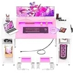 armocity Computer Desk with LED Lights, 55 Inch Desk with Power Outlet and USB, Reversible Large Desk with Moveable Monitor Stand, 55.2” Gaming PC Table for Home Office, Workstation, Pink and White @ $60