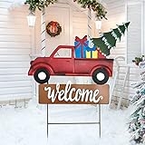Metal Red Pickup Truck Welcome Sign with Pumpkin Christmas Tree Loads – Yard Stake Garden Decor for Fall Harvest Thanksgiving Halloween Xmas Rustic Autumn Decoration @ $8.00