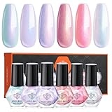 modelones Nail Polish Set, 6 Colors Chrome Pearl Shimmer Pink Purple White Aurora Iridescent Green Quick Dry Nail Polish Kit Gifts for Women 2025 Salon DIY Manicure Kit